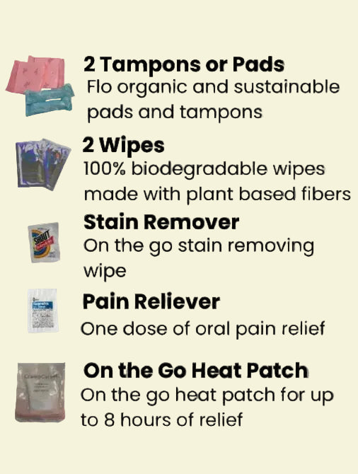 Shark Week Rescue Pack contents: 2 tampons or pads, 2 wipes, stain remover, pain reliever, on-the-go heat patch